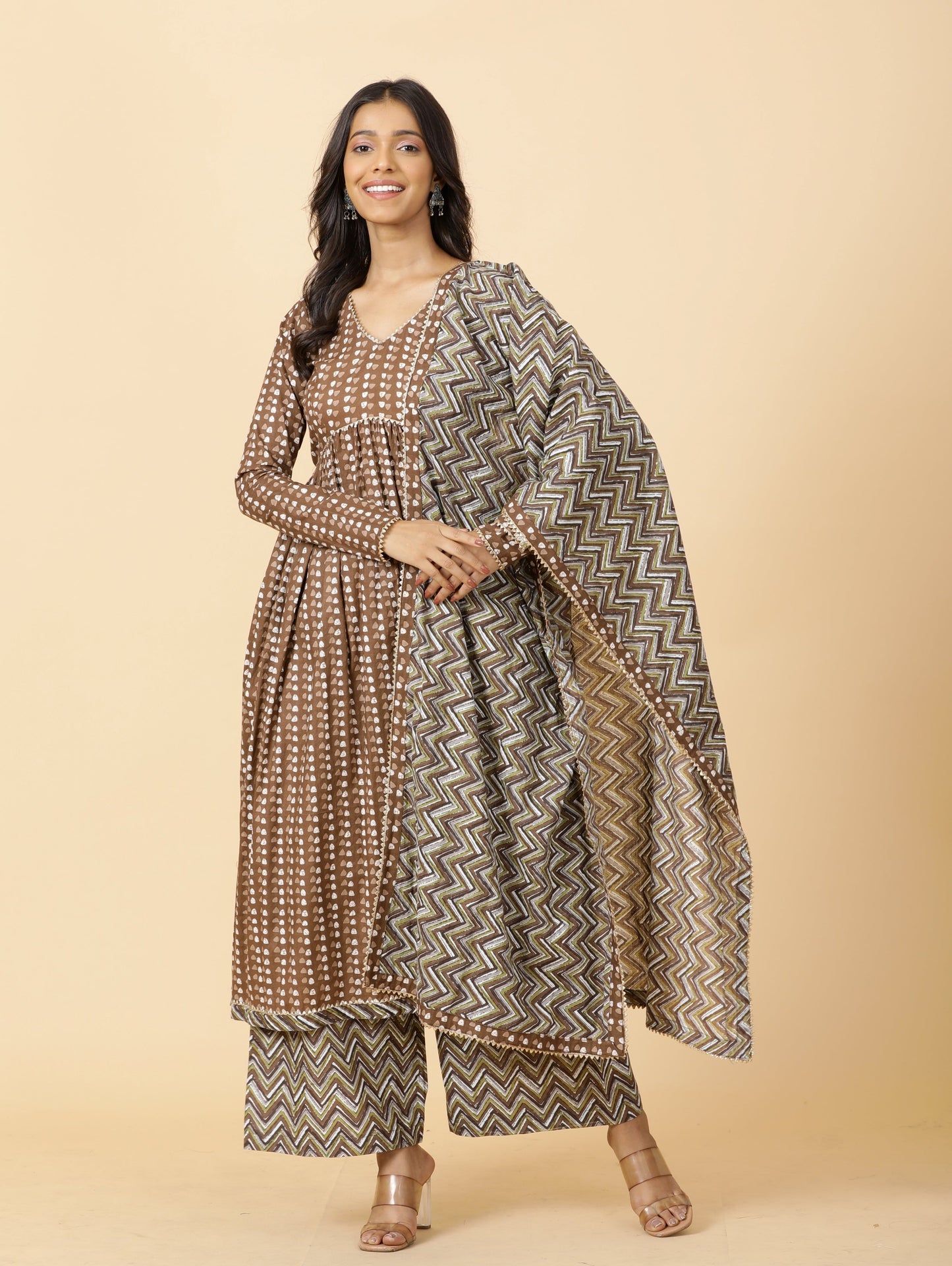 Elegant Cedar Brown Printed Sanganeri Kurti-Palazzo Set