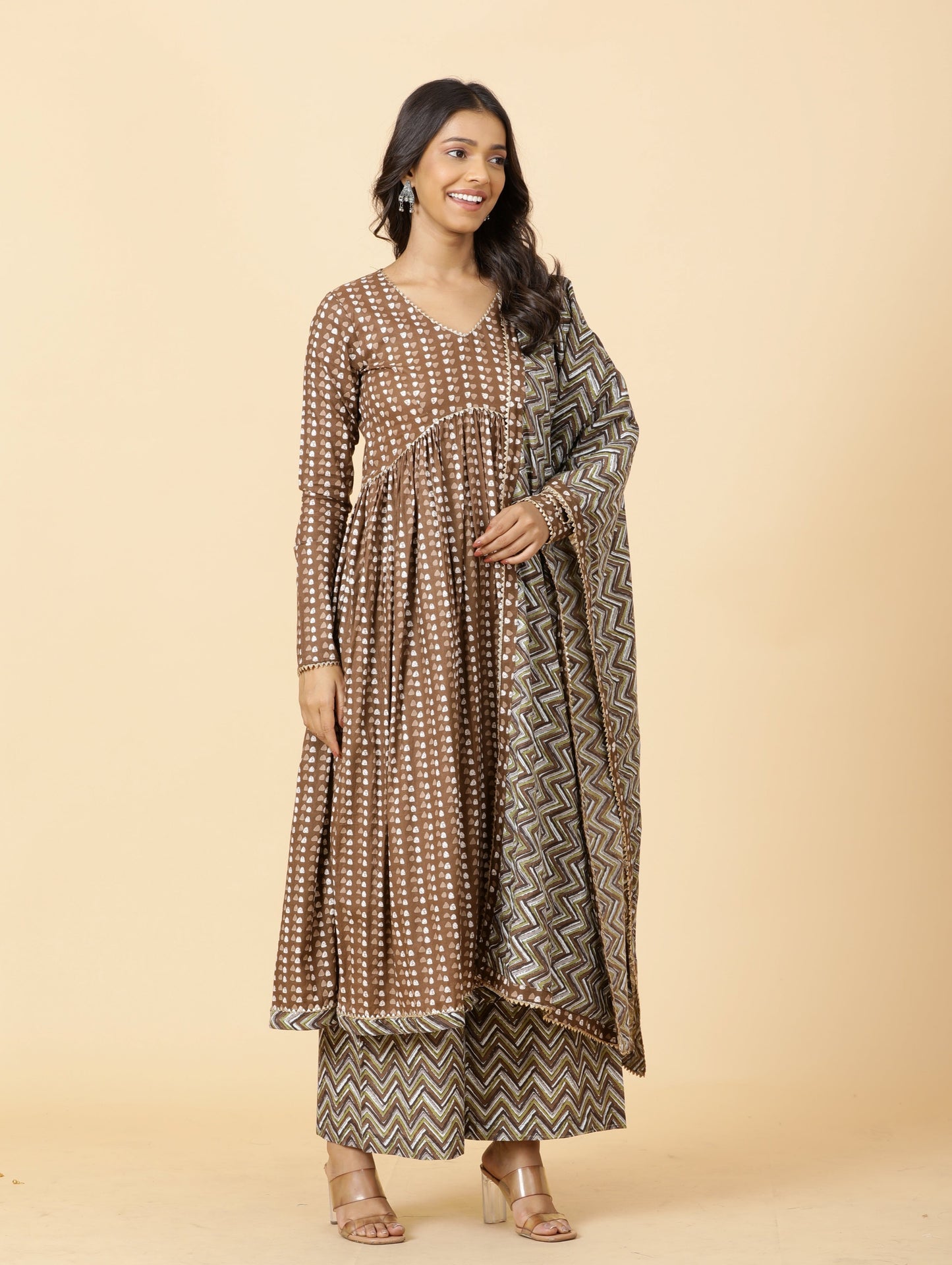 Elegant Cedar Brown Printed Sanganeri Kurti-Palazzo Set