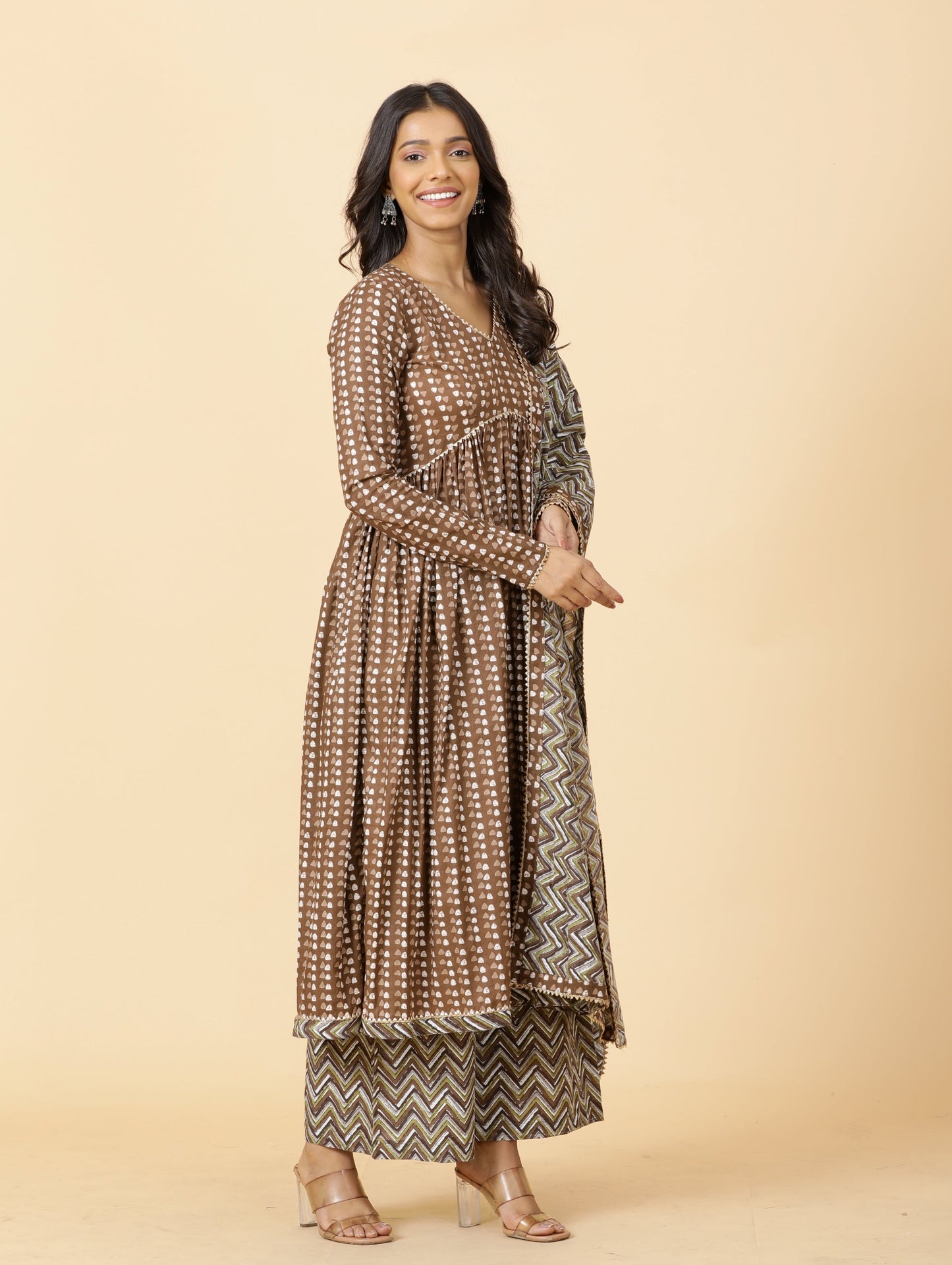 Elegant Cedar Brown Printed Sanganeri Kurti-Palazzo Set