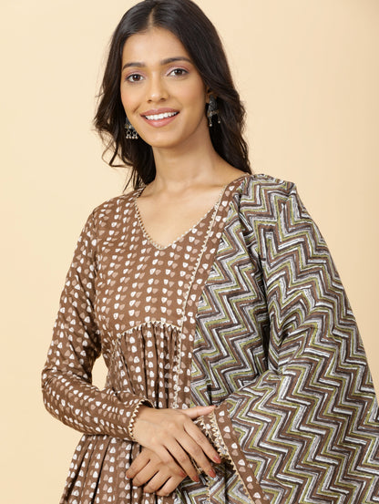 Elegant Cedar Brown Printed Sanganeri Kurti-Palazzo Set