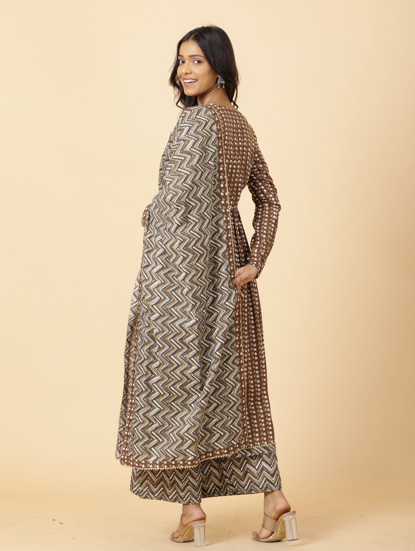 Elegant Cedar Brown Printed Sanganeri Kurti-Palazzo Set