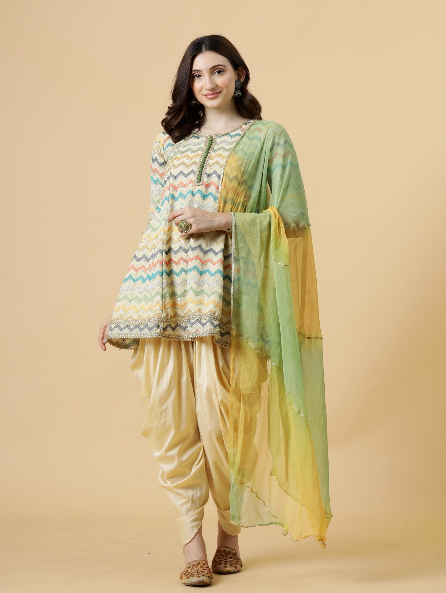 Stylish Embroidered Multicolor A-Line Kurti with Dhoti Pants