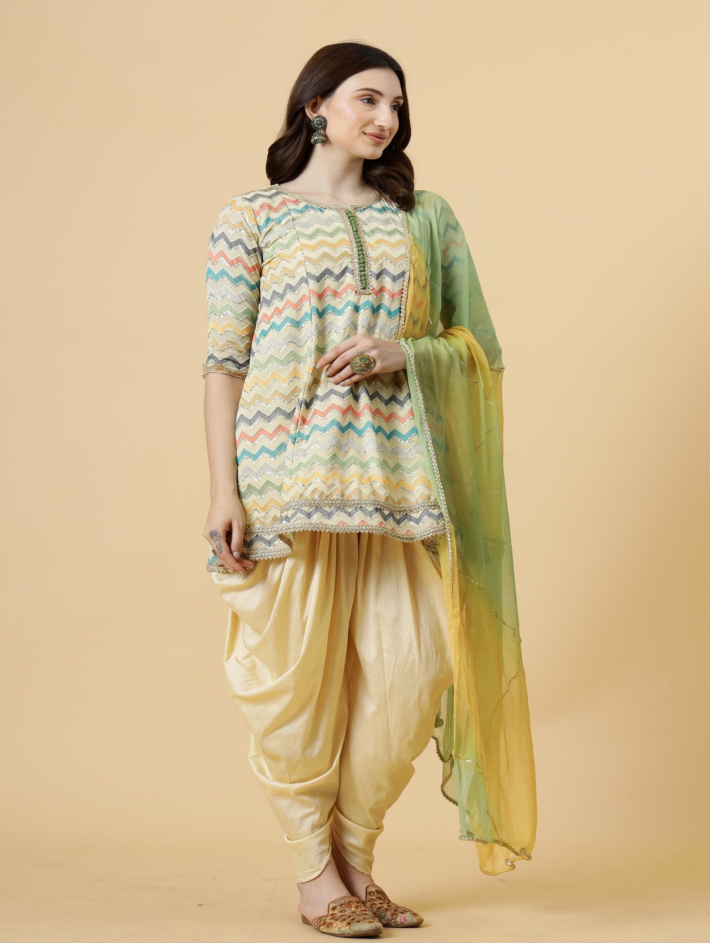 Stylish Embroidered Multicolor A-Line Kurti with Dhoti Pants