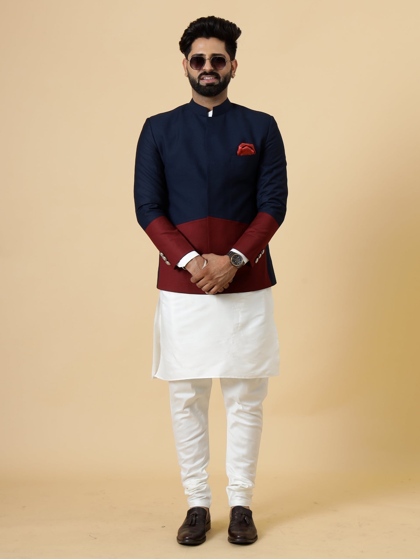 Bespoke Navy-Blue Jodhpuri Bandhgala with Off-White Kurta Pajama