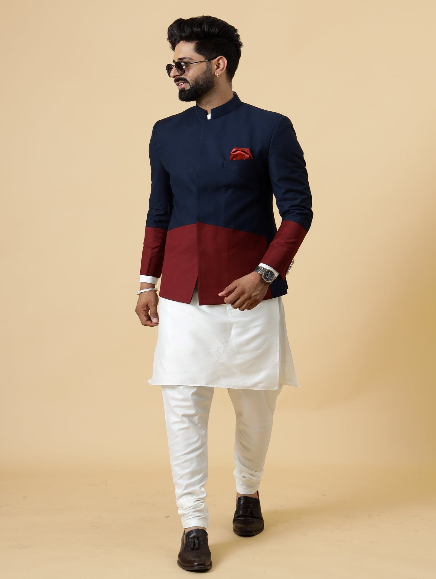 Bespoke Navy-Blue Jodhpuri Bandhgala with Off-White Kurta Pajama