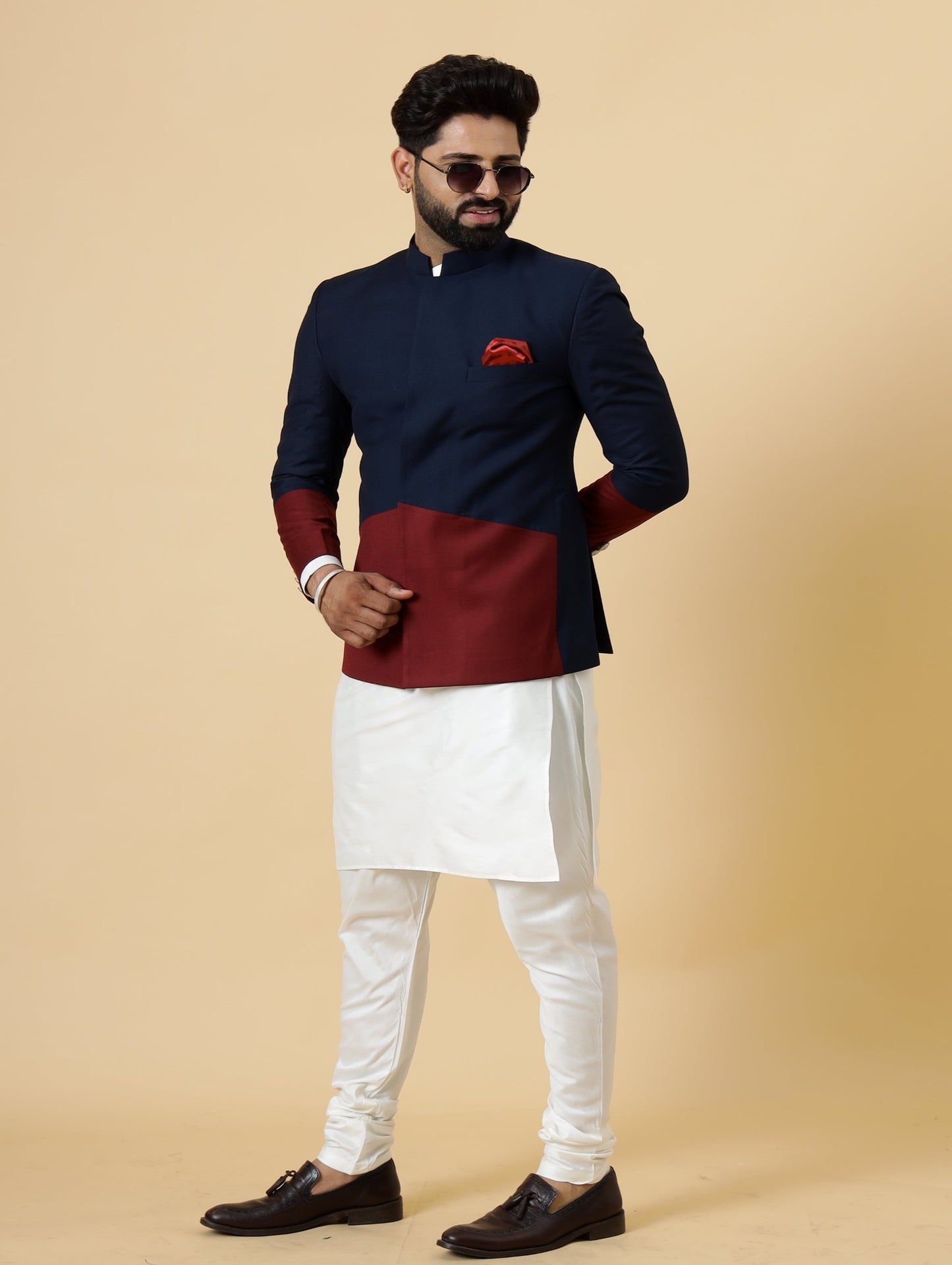 Bespoke Navy-Blue Jodhpuri Bandhgala with Off-White Kurta Pajama