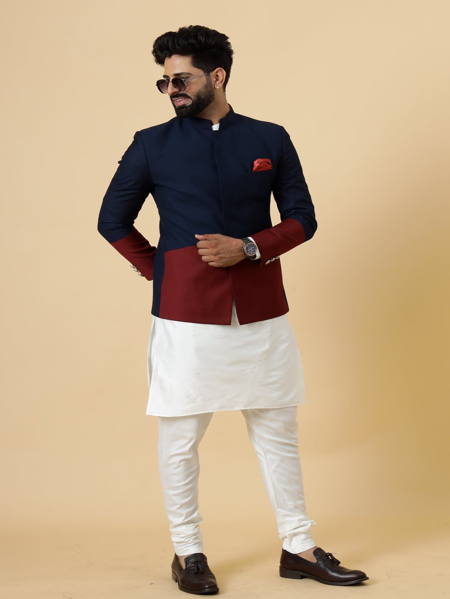 Bespoke Navy-Blue Jodhpuri Bandhgala with Off-White Kurta Pajama