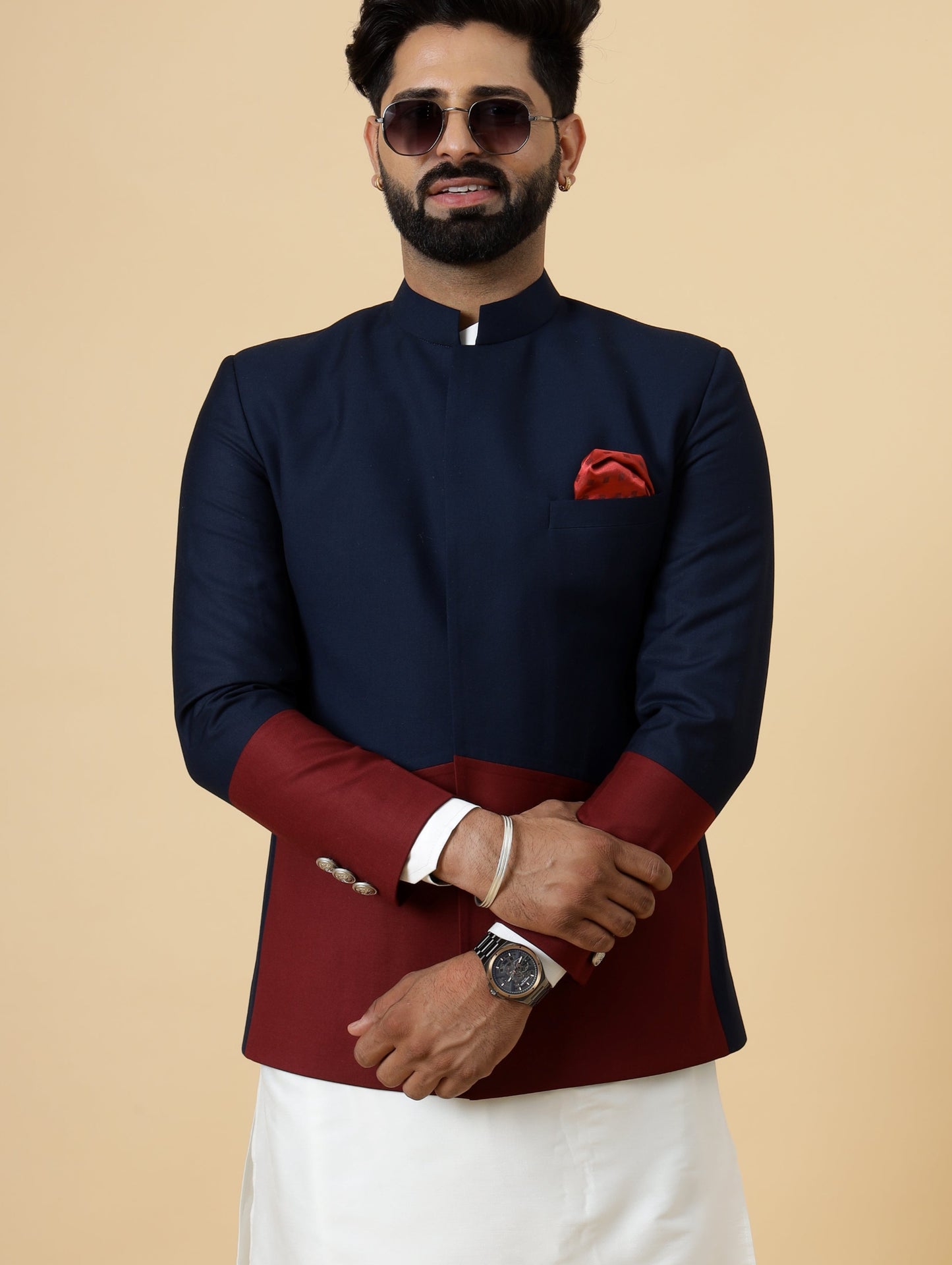 Bespoke Navy-Blue Jodhpuri Bandhgala with Off-White Kurta Pajama