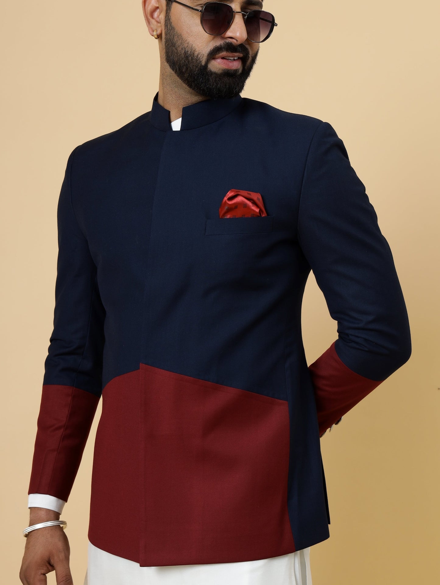 Bespoke Navy-Blue Jodhpuri Bandhgala with Off-White Kurta Pajama