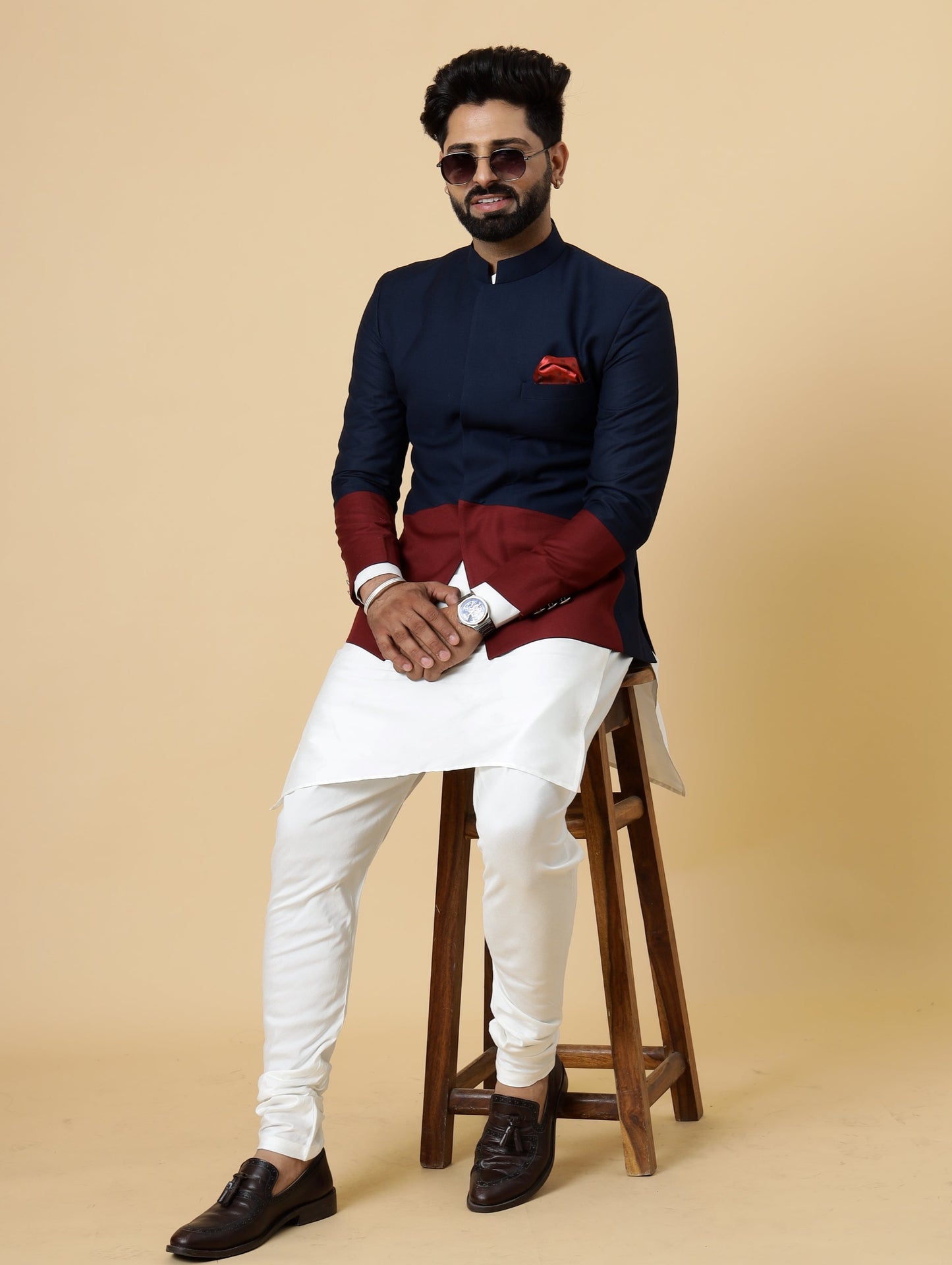 Bespoke Navy-Blue Jodhpuri Bandhgala with Off-White Kurta Pajama