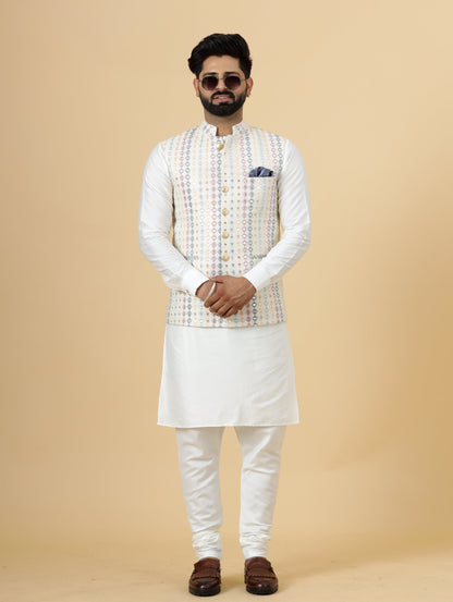 Alluring Off-White Square Pattern Thread Embroidered Silk Half Jodhpuri Jacket with Off-White Kurta-Pajama for Men