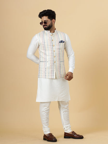 Alluring Off-White Square Pattern Thread Embroidered Silk Half Jodhpuri Jacket with Off-White Kurta-Pajama for Men