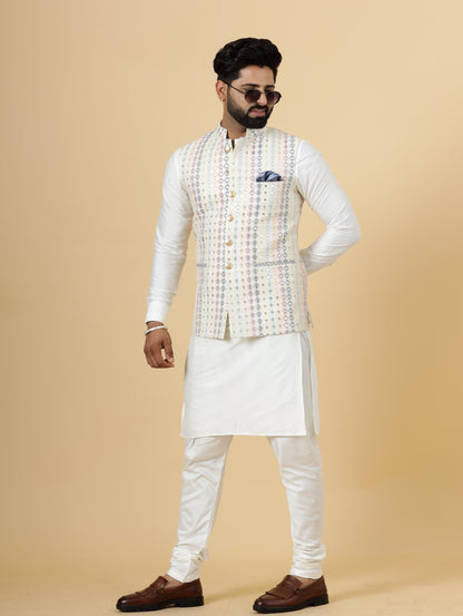 Alluring Off-White Square Pattern Thread Embroidered Silk Half Jodhpuri Jacket with Off-White Kurta-Pajama for Men