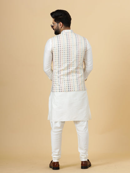 Alluring Off-White Square Pattern Thread Embroidered Silk Half Jodhpuri Jacket with Off-White Kurta-Pajama for Men