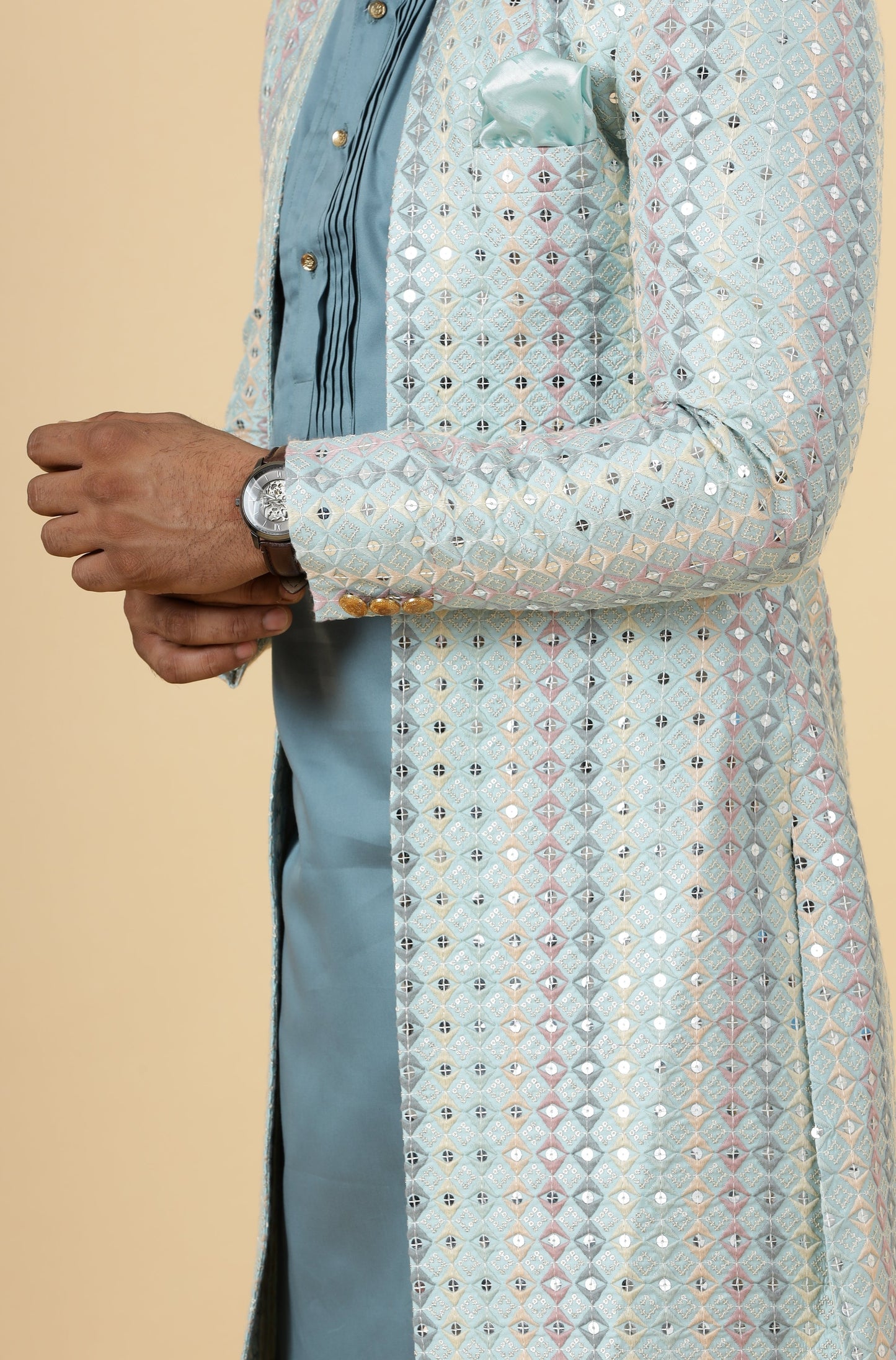 Stunning Mirror Embroidered Sky-Blue Open Sherwani with Turquoise Blue Kurta Pajama for Men | Father Son Combo | Turquoise Blue Color |Sky Blue Sherwani | Perfect for Grooms