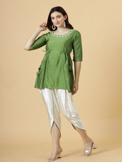 Stylish Leaf Green Embroidered Short Kurti-Tulip Set