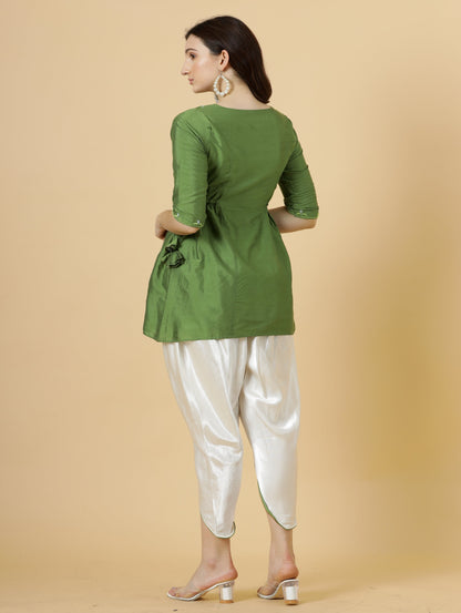 Stylish Leaf Green Embroidered Short Kurti-Tulip Set