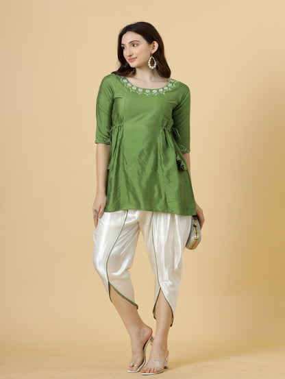 Stylish Leaf Green Embroidered Short Kurti-Tulip Set