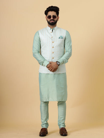 Alluring Mint Green Floral Thread Embroidered Silk Half Jodhpuri Jacket with Sea Green Kurta-Pajama for Men