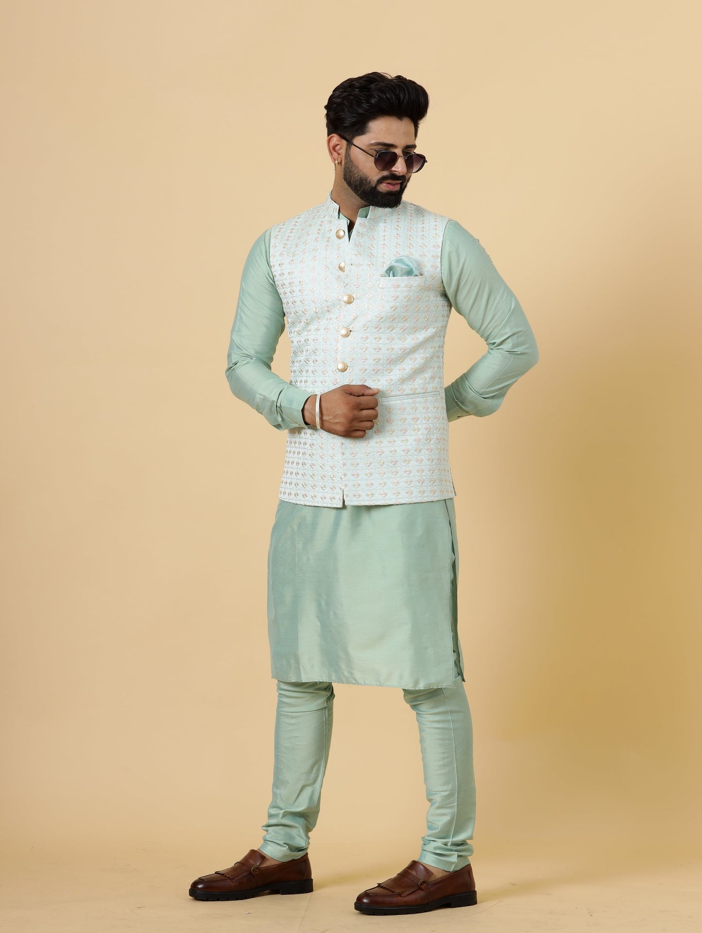 Alluring Mint Green Floral Thread Embroidered Silk Half Jodhpuri Jacket with Sea Green Kurta-Pajama for Men