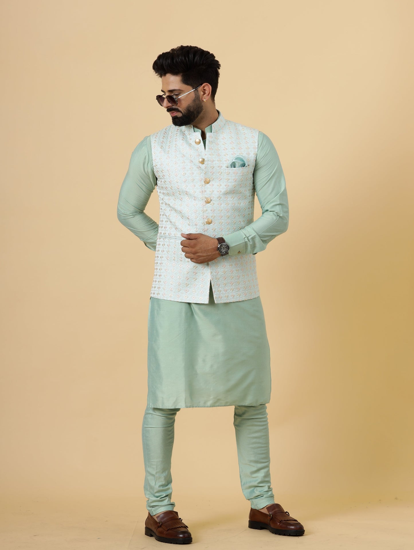 Alluring Mint Green Floral Thread Embroidered Silk Half Jodhpuri Jacket with Sea Green Kurta-Pajama for Men