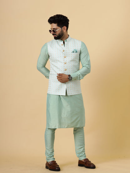 Alluring Mint Green Floral Thread Embroidered Silk Half Jodhpuri Jacket with Sea Green Kurta-Pajama for Men