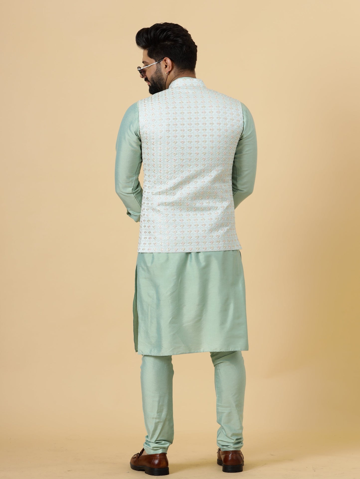 Alluring Mint Green Floral Thread Embroidered Silk Half Jodhpuri Jacket with Sea Green Kurta-Pajama for Men