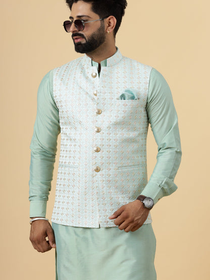 Alluring Mint Green Floral Thread Embroidered Silk Half Jodhpuri Jacket with Sea Green Kurta-Pajama for Men