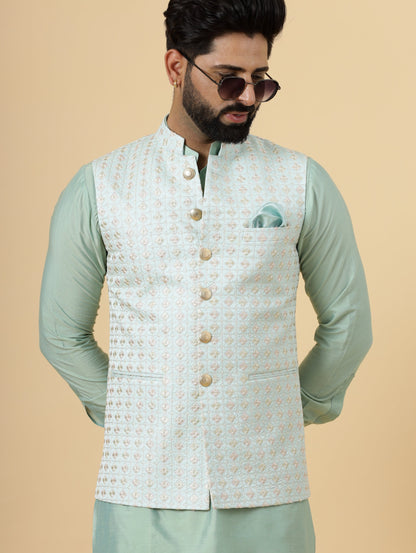 Alluring Mint Green Floral Thread Embroidered Silk Half Jodhpuri Jacket with Sea Green Kurta-Pajama for Men