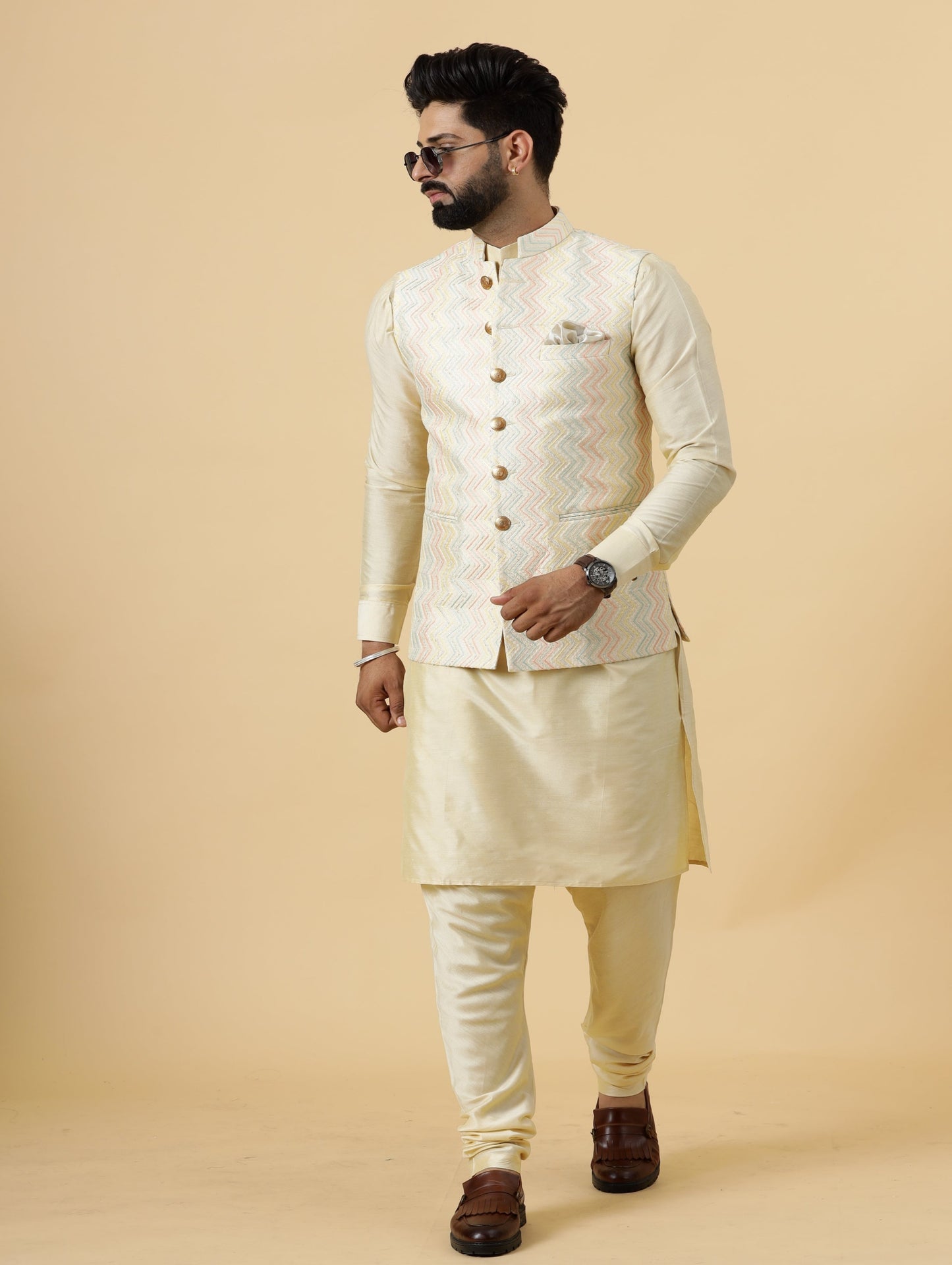 Alluring Cream Zigzag Pattern Embroidered Silk Half Jodhpuri Jacket with Cream Kurta-Pajama for Men