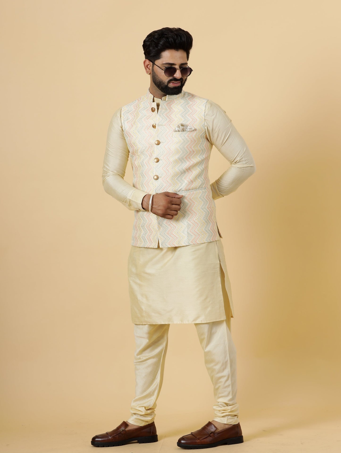 Alluring Cream Zigzag Pattern Embroidered Silk Half Jodhpuri Jacket with Cream Kurta-Pajama for Men