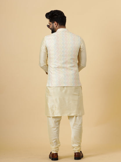 Alluring Cream Zigzag Pattern Embroidered Silk Half Jodhpuri Jacket with Cream Kurta-Pajama for Men