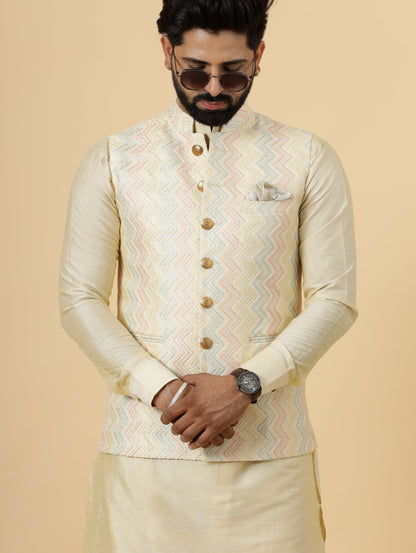 Alluring Cream Zigzag Pattern Embroidered Silk Half Jodhpuri Jacket with Cream Kurta-Pajama for Men