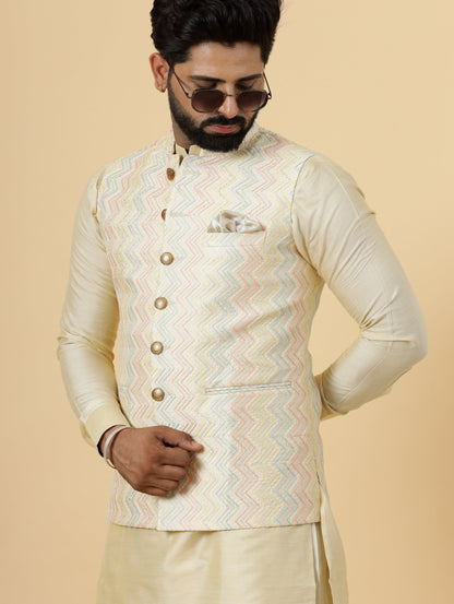 Alluring Cream Zigzag Pattern Embroidered Silk Half Jodhpuri Jacket with Cream Kurta-Pajama for Men