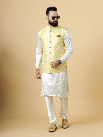 Stunning Yellow Square Pattern Thread Embroidered Silk Half Jodhpuri Jacket with Off- White Kurta-Pajama for Men