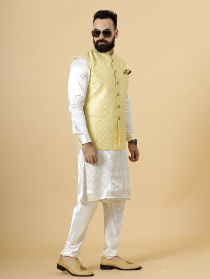 Stunning Yellow Square Pattern Thread Embroidered Silk Half Jodhpuri Jacket with Off- White Kurta-Pajama for Men