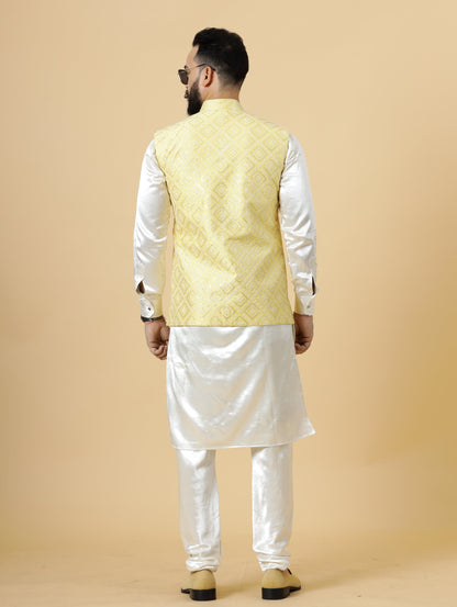 Stunning Yellow Square Pattern Thread Embroidered Silk Half Jodhpuri Jacket with Off- White Kurta-Pajama for Men