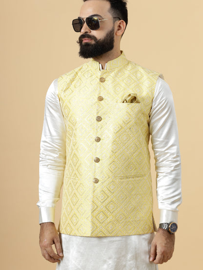 Stunning Yellow Square Pattern Thread Embroidered Silk Half Jodhpuri Jacket with Off- White Kurta-Pajama for Men