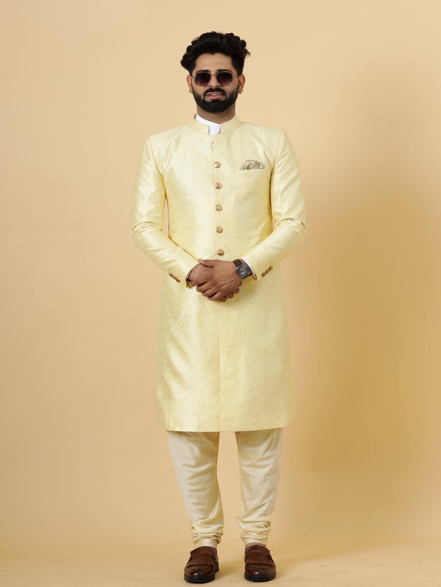 Stunning Light Yellow Banarasi Brocade Achkan for Men | Father Son Combo | Pastel Colour Sherwani | Perfect for Grooms