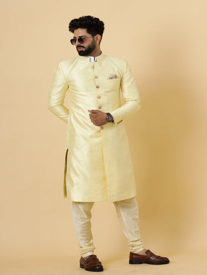 Stunning Light Yellow Banarasi Brocade Achkan for Men | Father Son Combo | Pastel Colour Sherwani | Perfect for Grooms