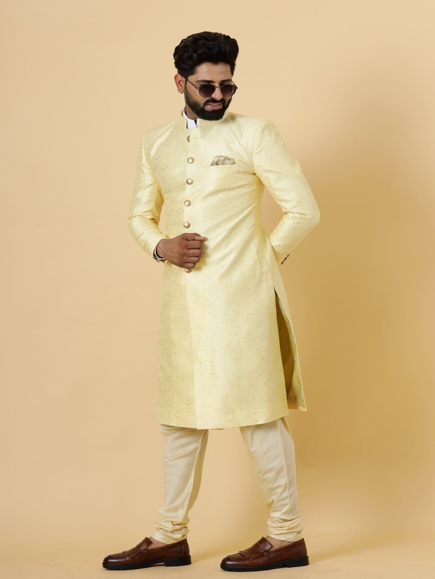 Stunning Light Yellow Banarasi Brocade Achkan for Men | Father Son Combo | Pastel Colour Sherwani | Perfect for Grooms