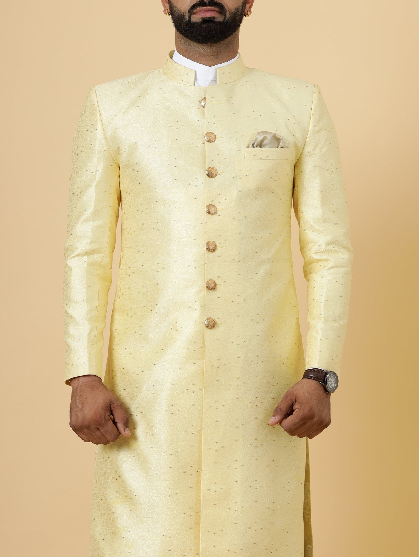 Stunning Light Yellow Banarasi Brocade Achkan for Men | Father Son Combo | Pastel Colour Sherwani | Perfect for Grooms