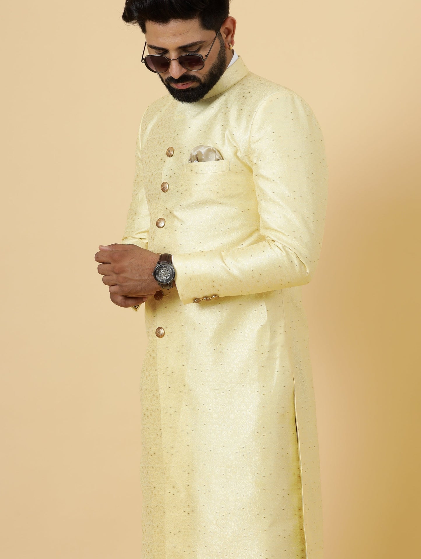 Stunning Light Yellow Banarasi Brocade Achkan for Men | Father Son Combo | Pastel Colour Sherwani | Perfect for Grooms