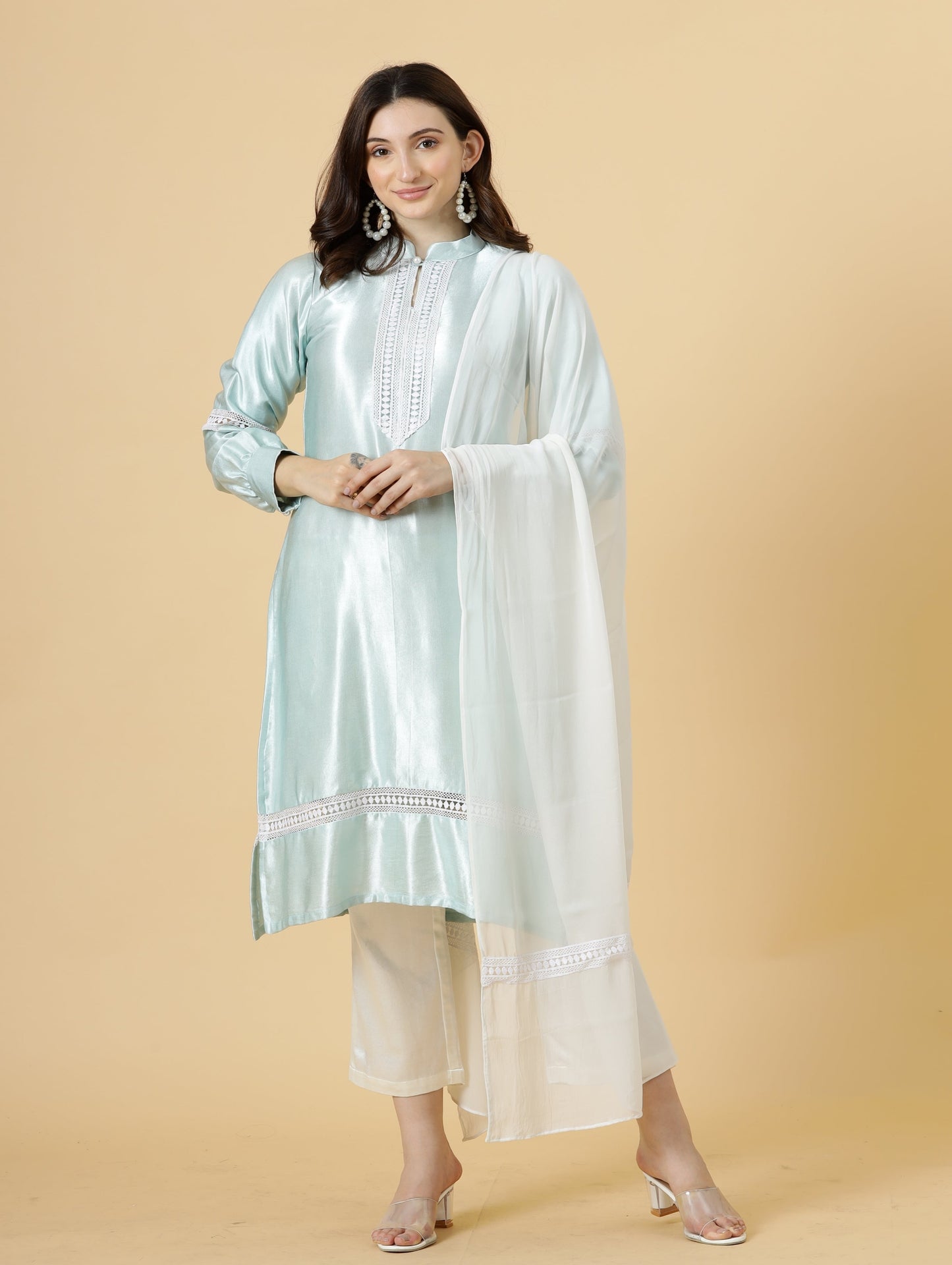 Alluring Sky Blue Silk Kurti-Palazzo Set