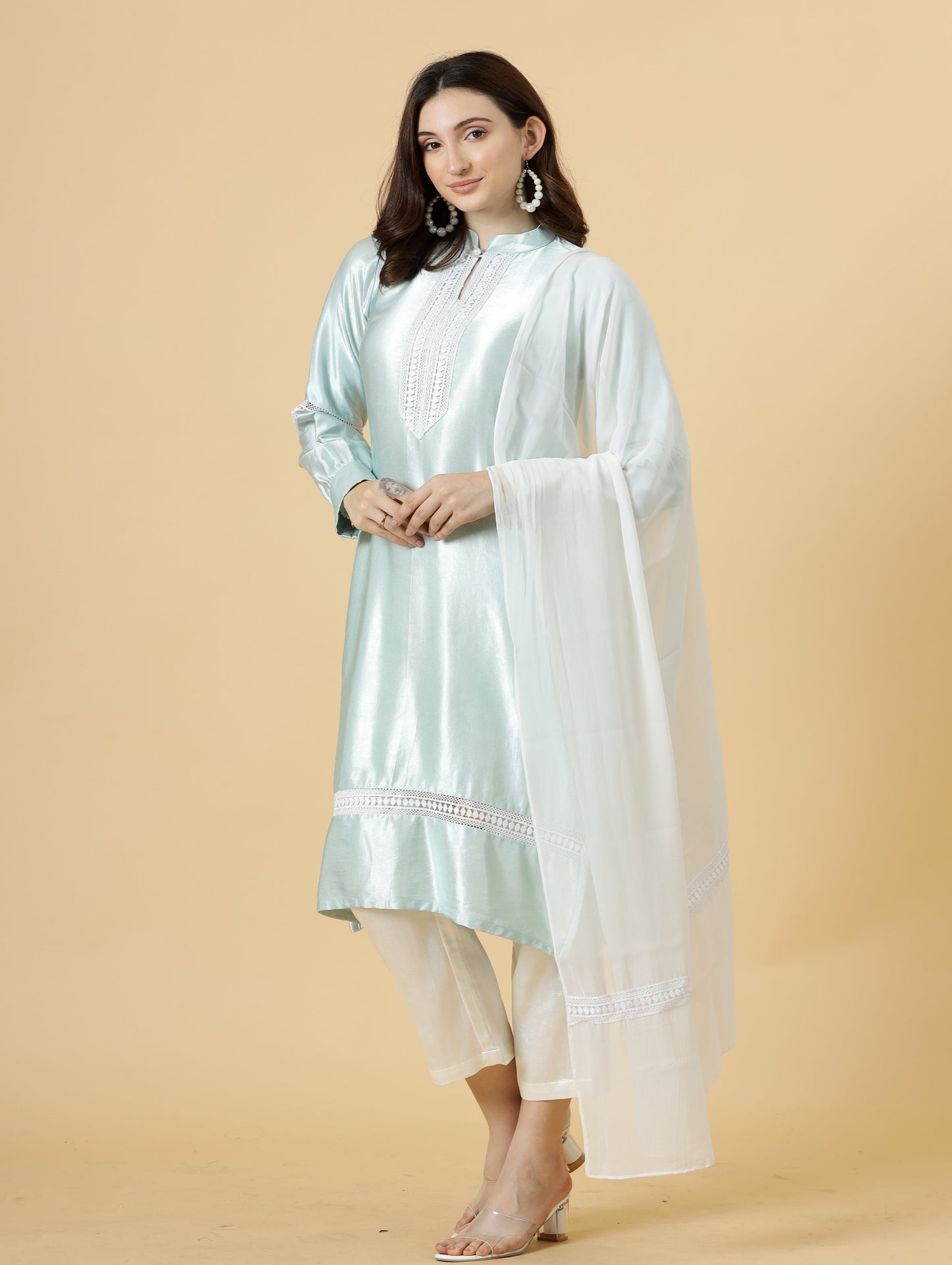 Alluring Sky Blue Silk Kurti-Palazzo Set