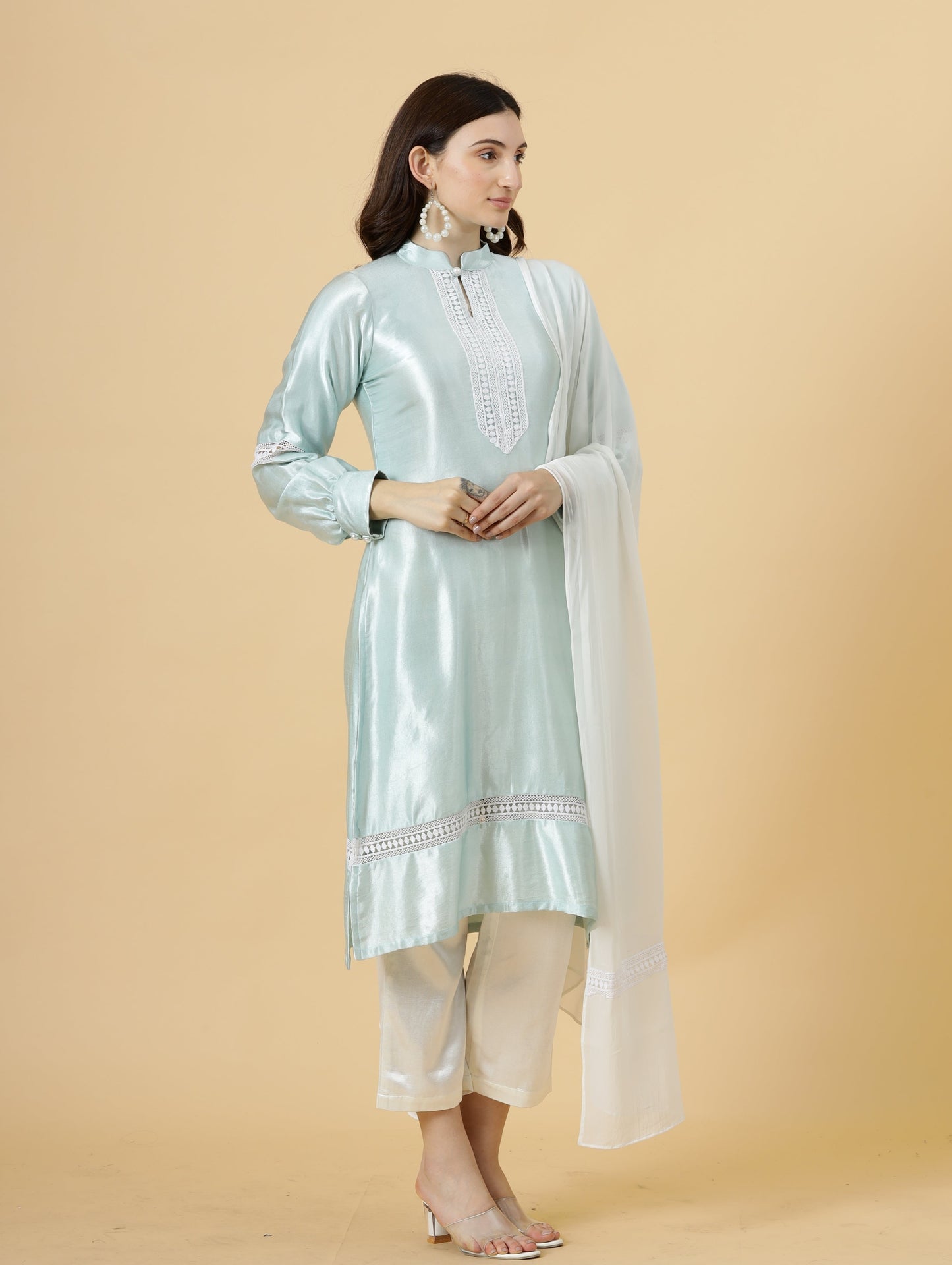 Alluring Sky Blue Silk Kurti-Palazzo Set