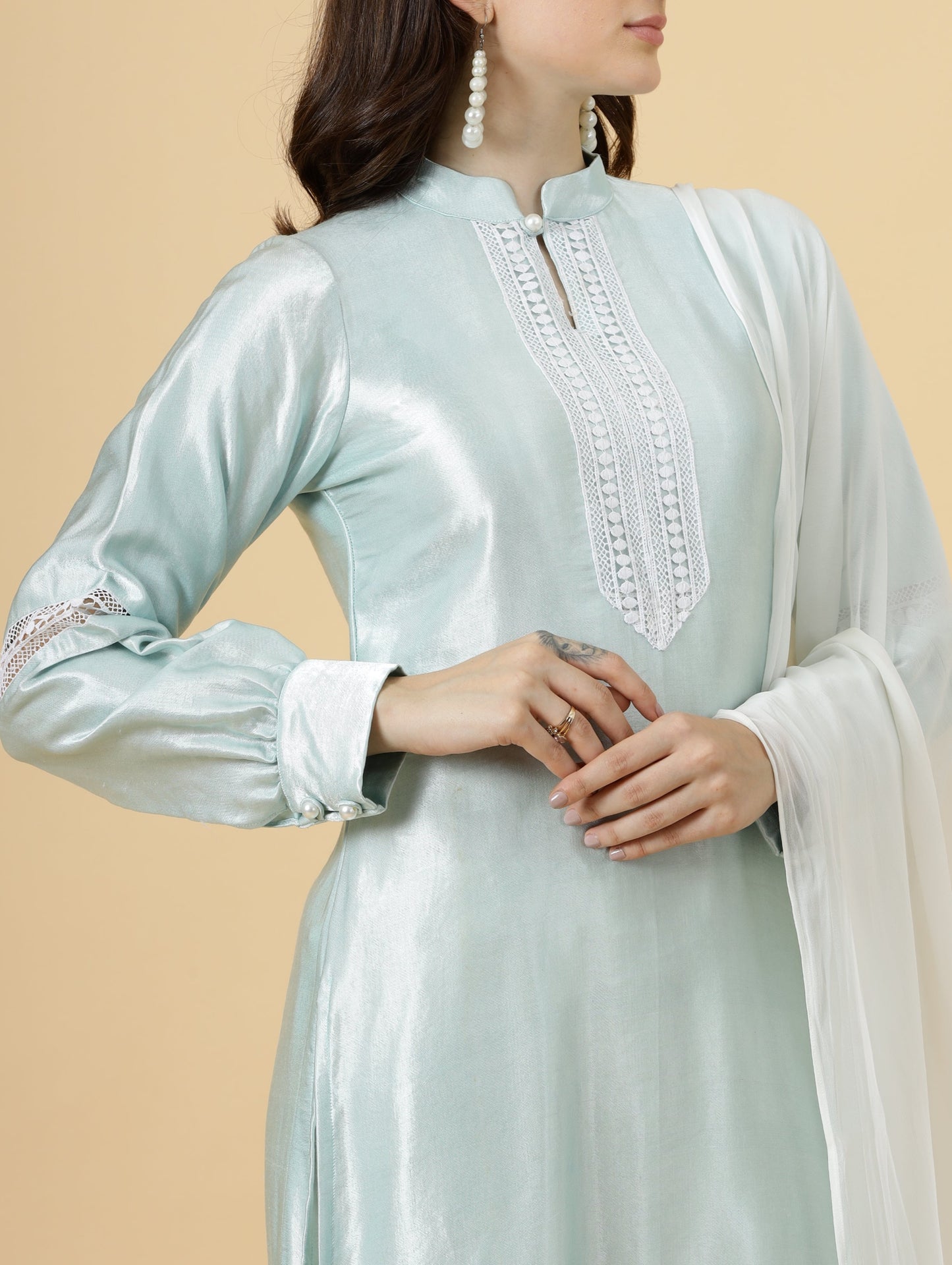 Alluring Sky Blue Silk Kurti-Palazzo Set