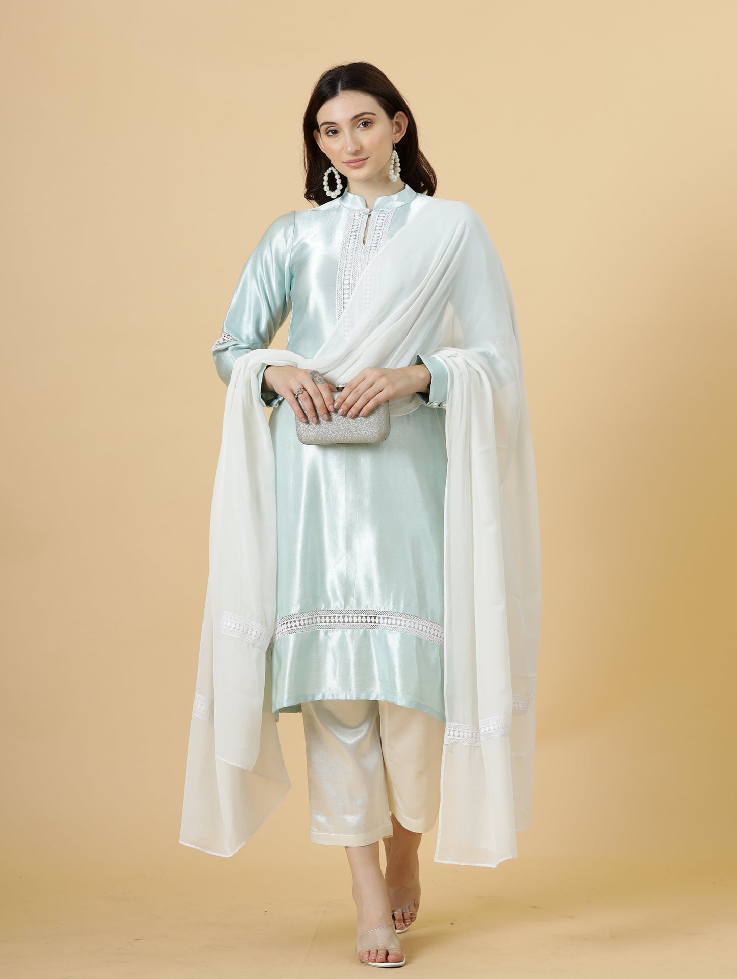 Alluring Sky Blue Silk Kurti-Palazzo Set