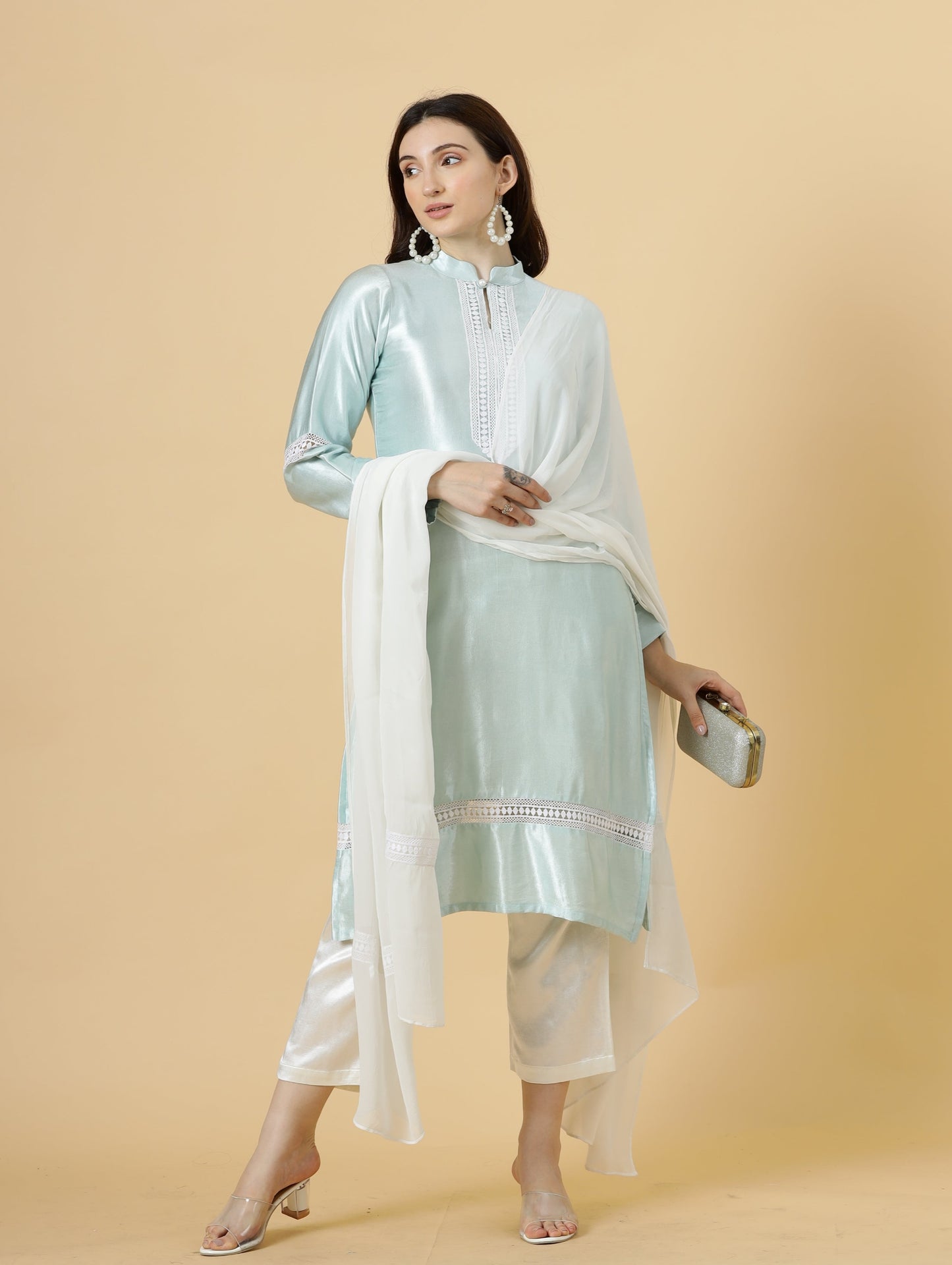 Alluring Sky Blue Silk Kurti-Palazzo Set