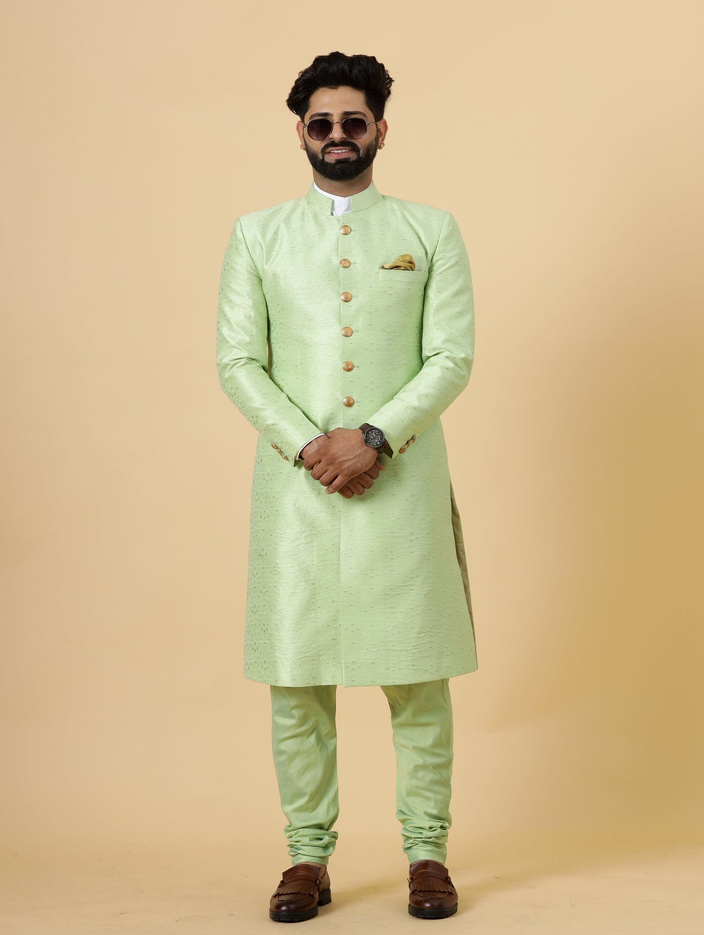 Stunning Pistachio Green Banarasi Brocade Achkan for Men | Father Son Combo | Perfect for Grooms